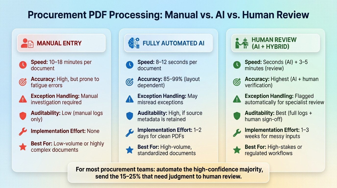 AI vs Manual vs Human Review: Procurement PDF Processing Compared