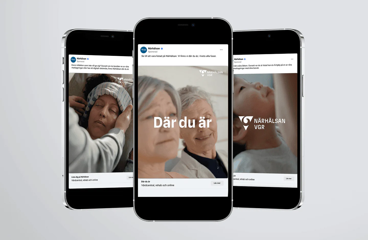 Tre mobiler med Närhälsans annonser i sociala medier under rubriken Där du är