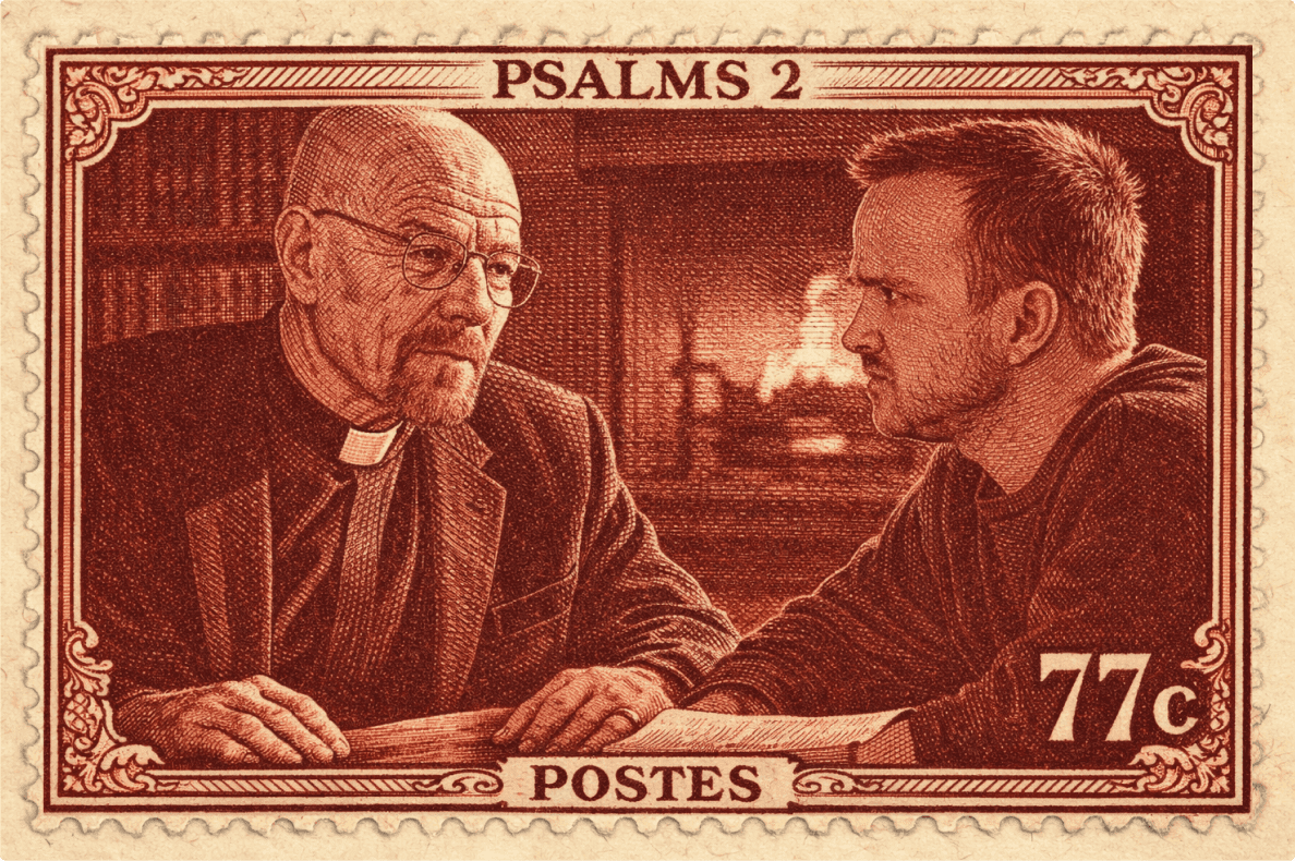 Priest in front of fire place