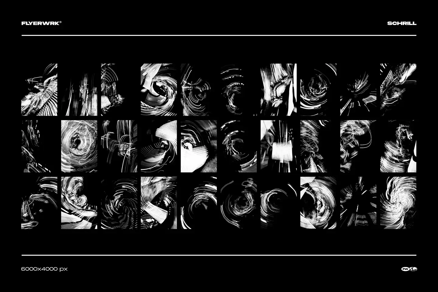 Grid overview of the 32 high-resolution black and white JPEG textures included in the Schrill light streak backgrounds pack.