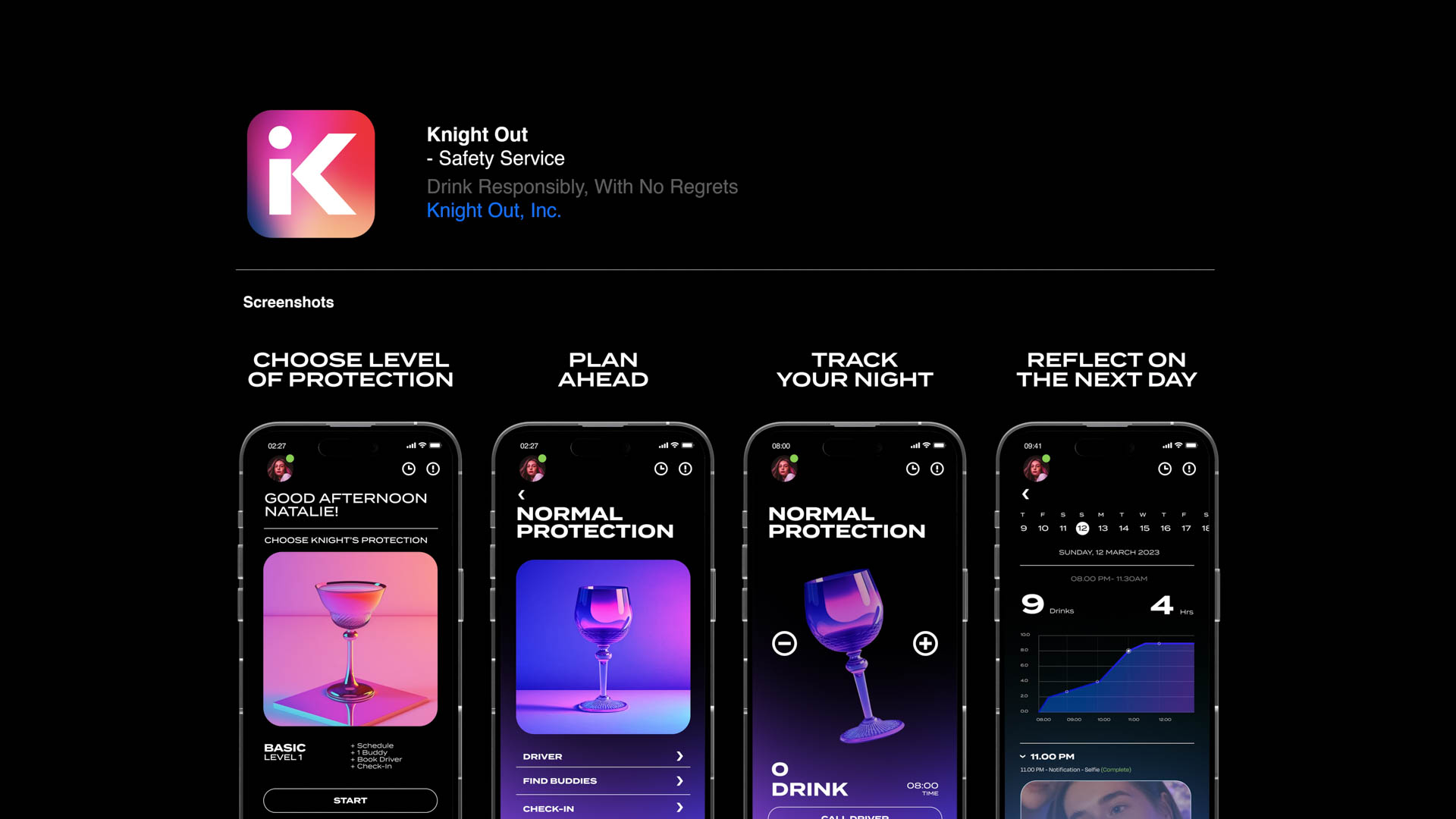A screenshot of the Knight Out app interface on a smartphone. The app's icon is a pink "K" in a circle. The screen shows four screenshots: "CHOOSE LEVEL OF PROTECTION", "PLAN AHEAD", "TRACK YOUR NIGHT", and "REFLECT ON THE NEXT DAY". Each screenshot displays a colorful, stylized image and text related to safety and protection.