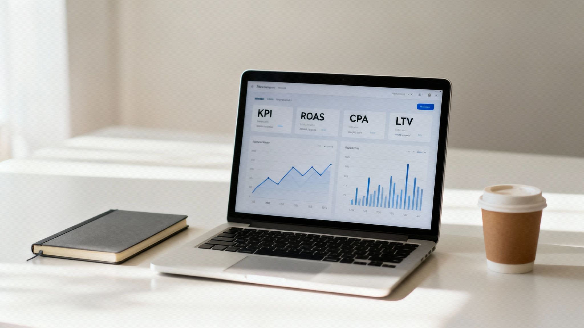 A close-up of a business dashboard showing key performance indicators like ROAS, CPA, and LTV with upward-trending graphs.