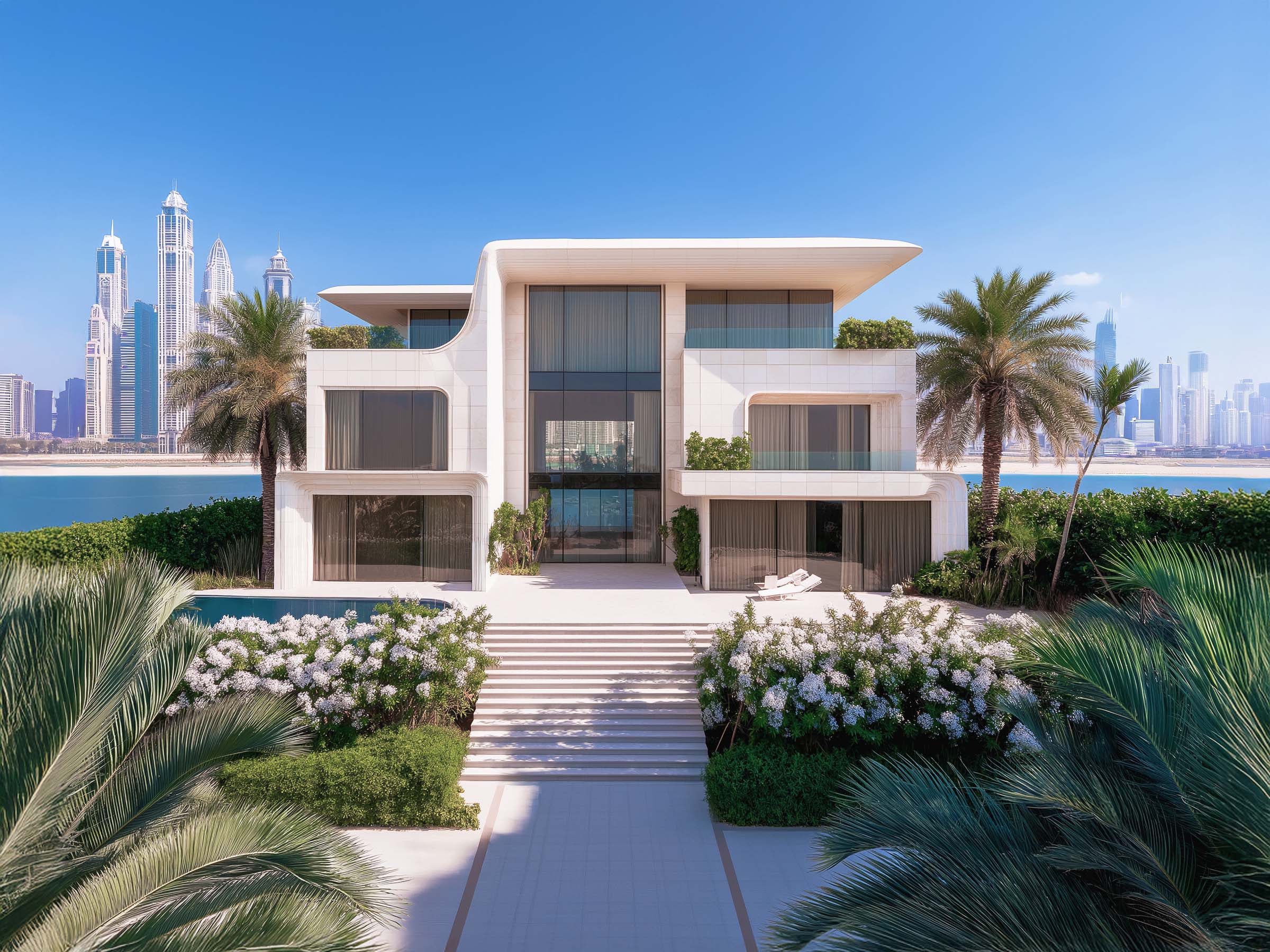 Modern waterfront villa surrounded by palm trees, with Dubai’s skyline visible across the water.
