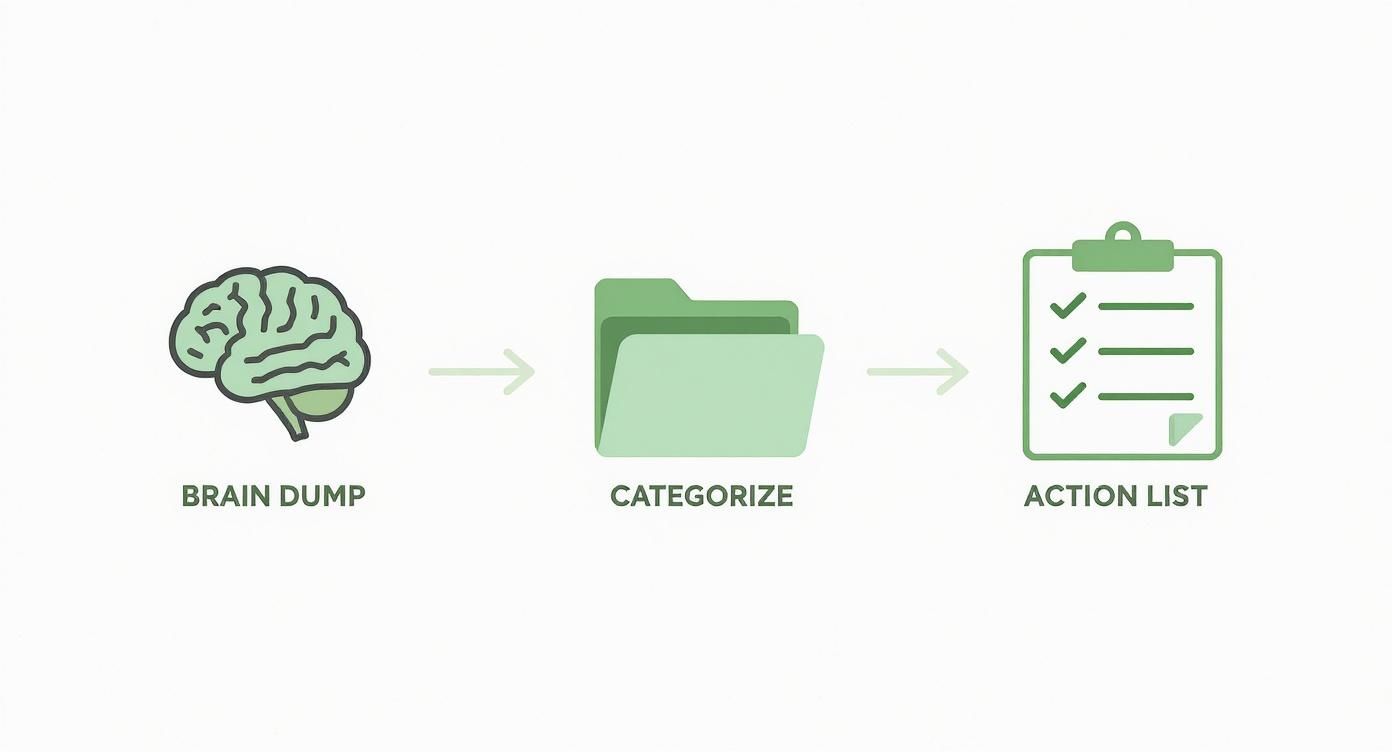 Diagram illustrating productivity workflow: brain dump (brain icon), categorize (folders), and create an action list (checklist).