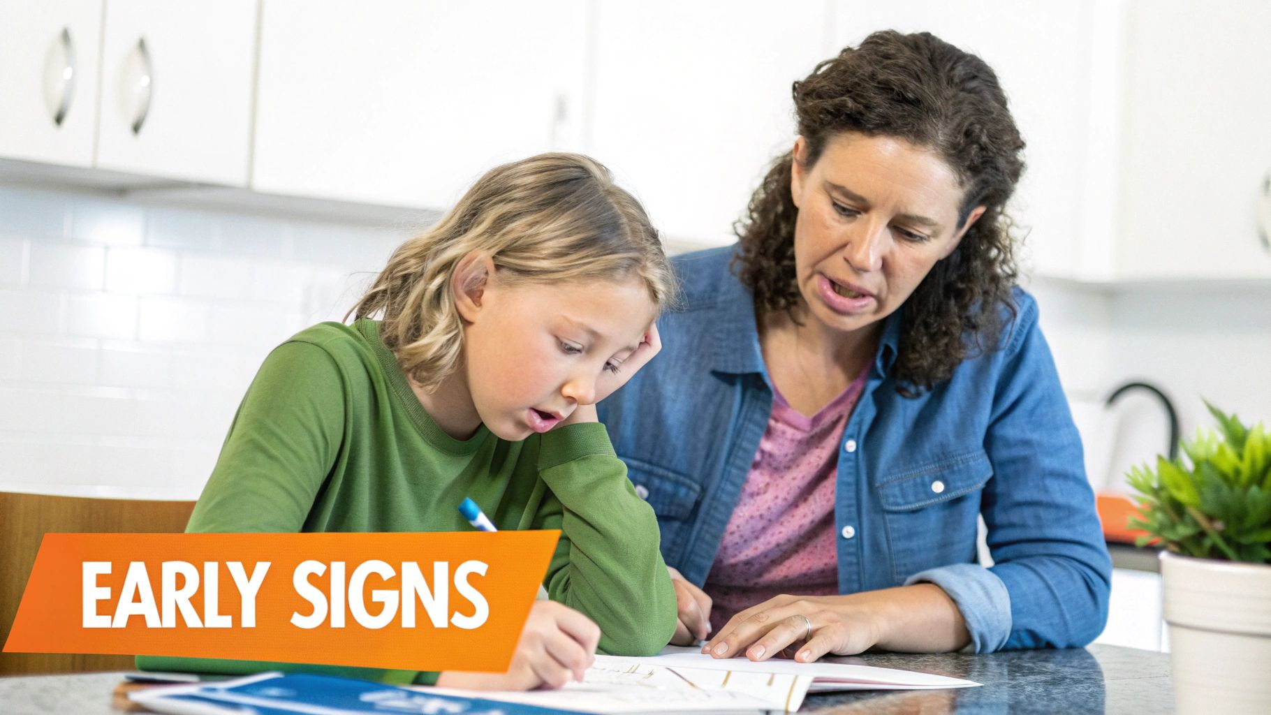 An adult helps a focused young girl with her schoolwork at a kitchen table, depicting early signs.