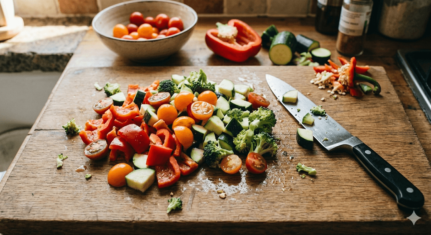 Vegetables roughly chopped on a wooden board mid-preparation — practical approach to eating more vegetables