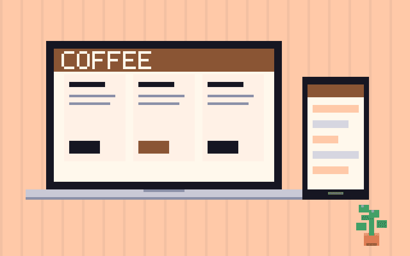 Pixel illustration of the Coffee with Pim project on a laptop and phone