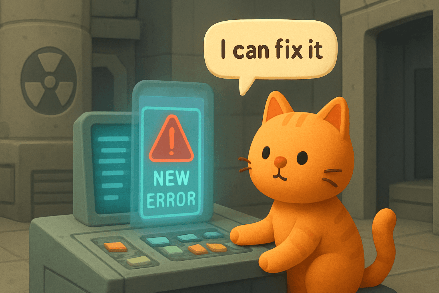 Cute orange cartoon cat in a futuristic control room, sitting at a console displaying a ‘New Error’ warning, with a speech bubble saying ‘I can fix it.’