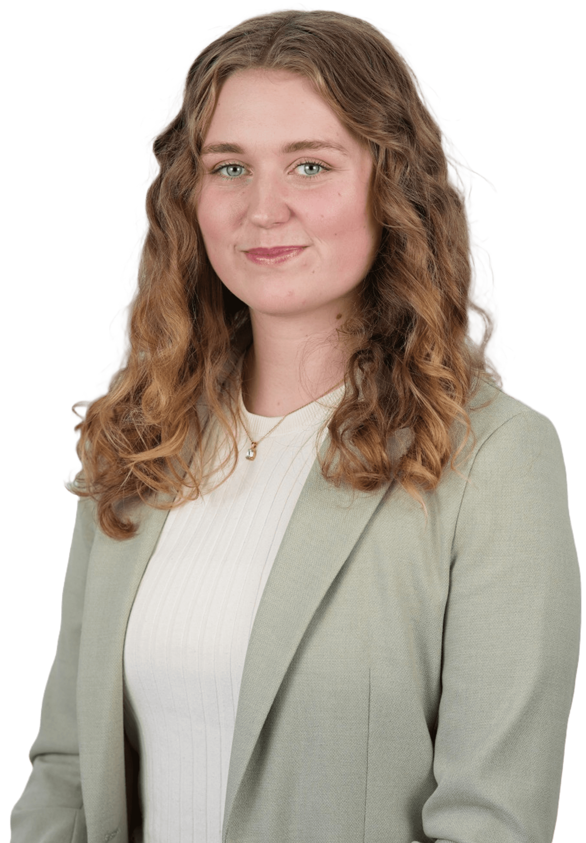 Bild på Minna. Hon bär grön kavaj och ser nöjd ut.