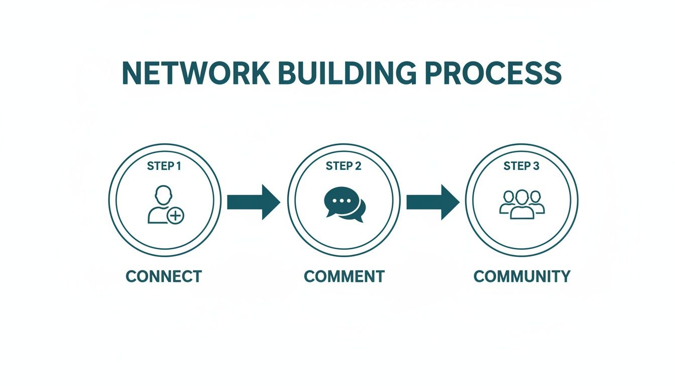 A diagram illustrating the three-step network building process: connect, comment, and community.