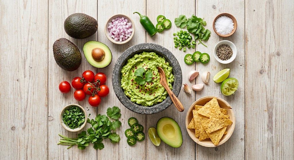 A vibrant, top-down flat lay photograph of authentic homemade guacamole ingredients on a light wooden table. The center features a rustic stone bowl filled with fresh, mashed guacamole garnished with cilantro and red pepper flakes, surrounded by whole and halved avocados, tomatoes on the vine, chopped red onions, jalapeño slices, fresh cilantro leaves, lime wedges, garlic cloves, sea salt, black pepper, and a bowl of corn tortilla chips.