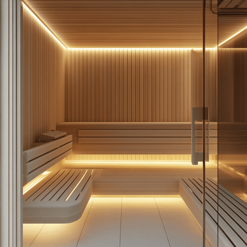 Moderne Saune mit LED Beleuchtung und viel Holz für Wellness und Komfort