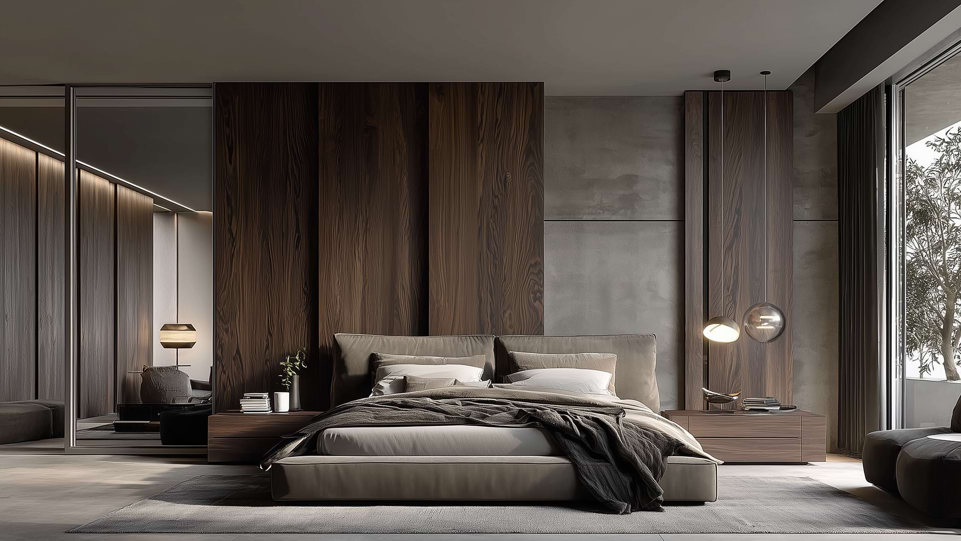 A modern bedroom features a low, beige bed with gray bedding, flanked by wooden nightstands. Soft lighting, wood paneling, and large windows create a calm atmosphere.