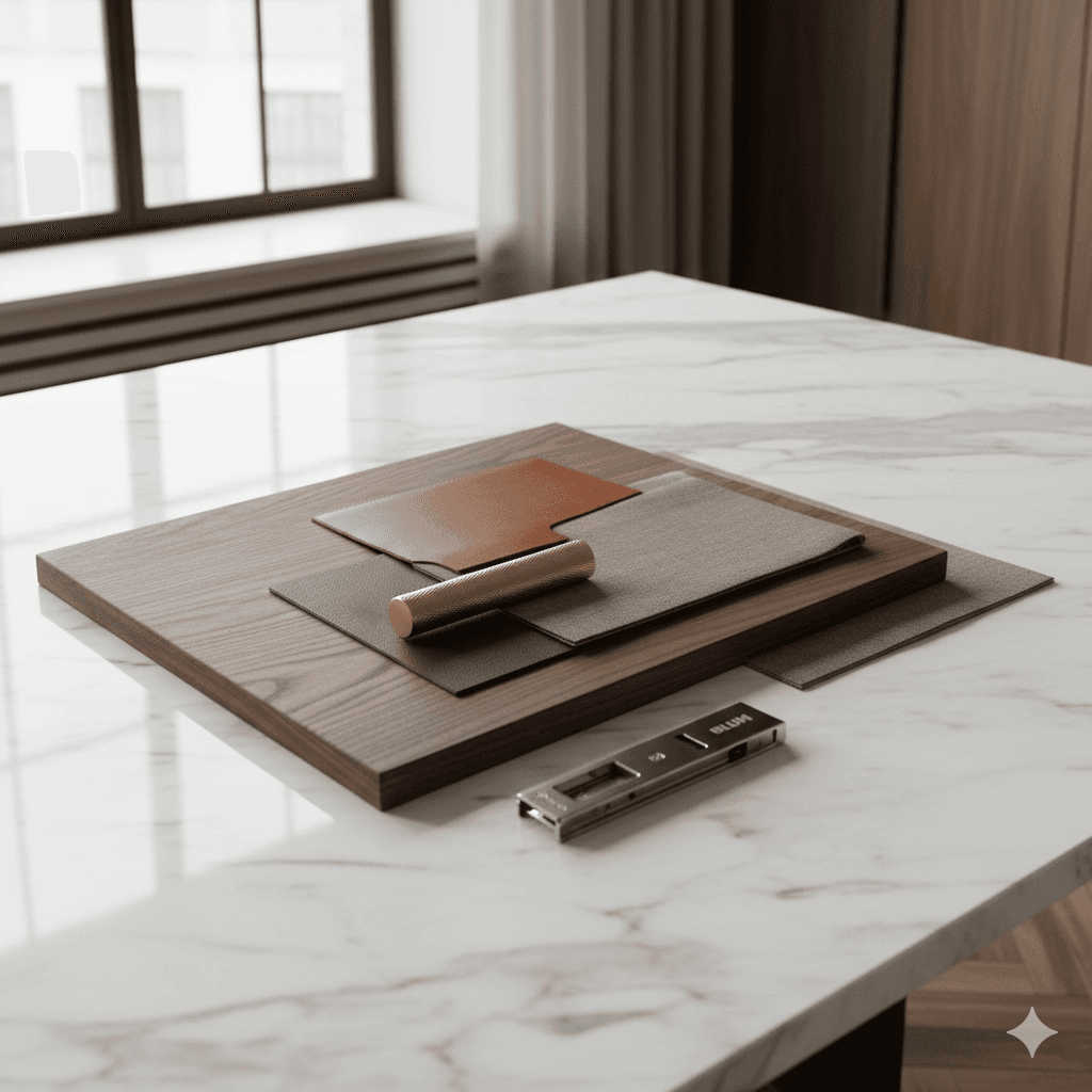 A luxury moodboard featuring premium European wood veneers, brass hardware, and leather samples on a marble table.