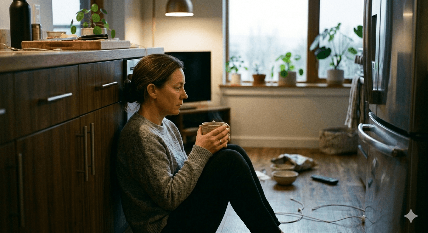 Woman sitting on kitchen floor with tea — navigating stress and emotional eating patterns