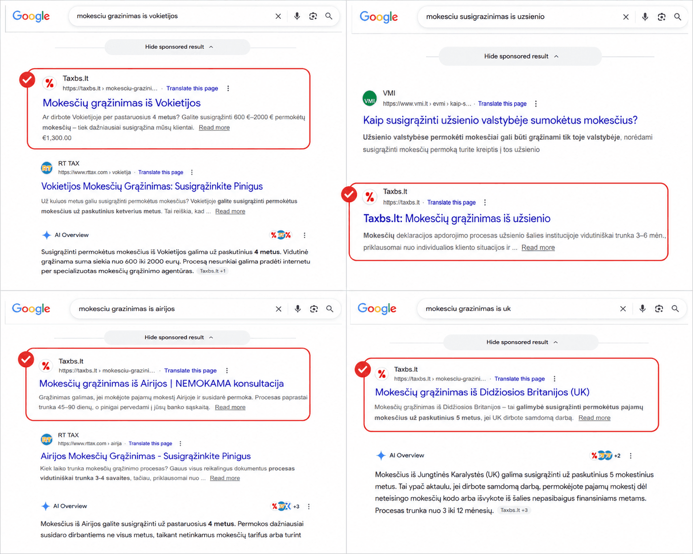pasiektas finansinių mokesčių grąžinimo prekių ženklo SEO reitingas