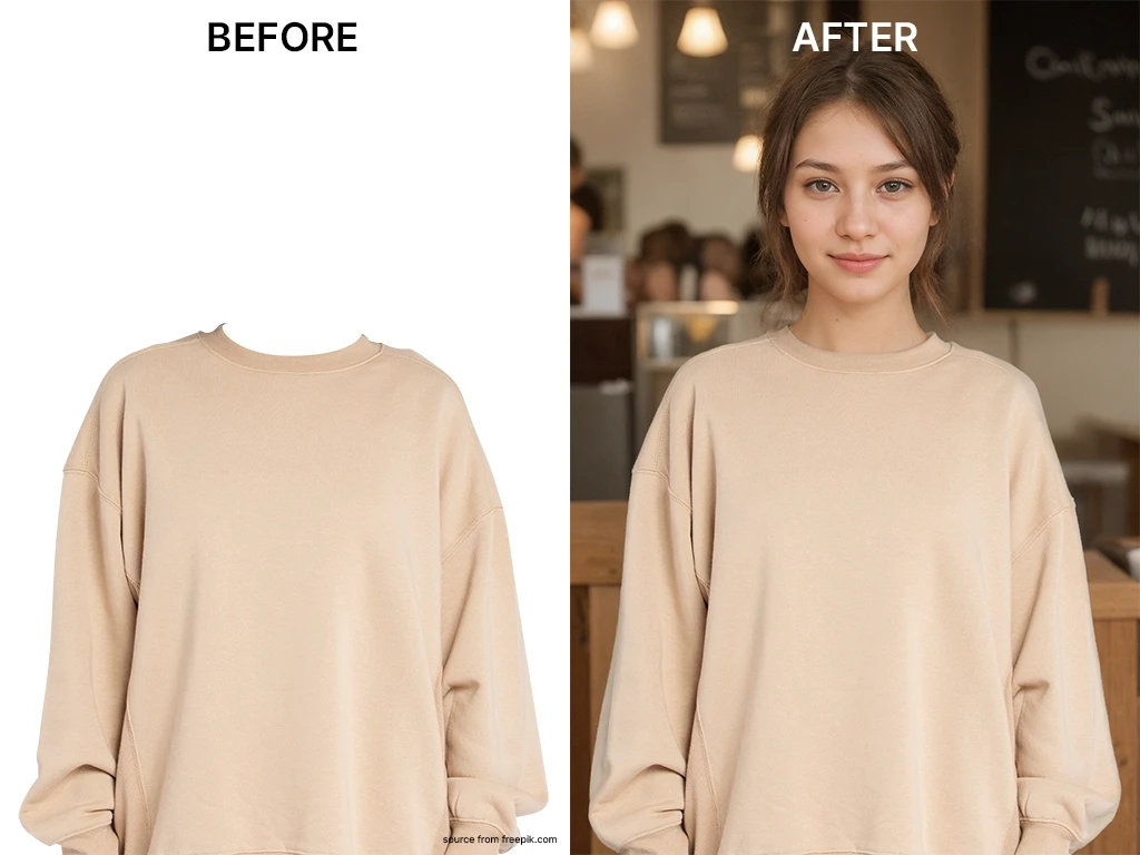 Before and after editing women photos using Modiqlo AI Fashion Model