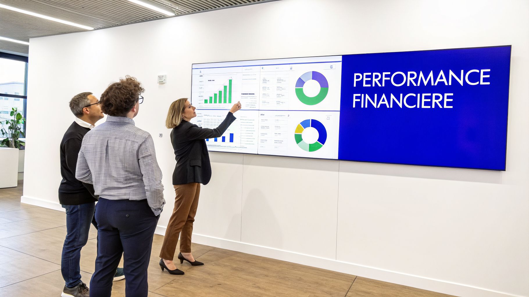Une femme présente des données financières sur un grand écran à deux collègues, affichant des graphiques et des indicateurs de performance.