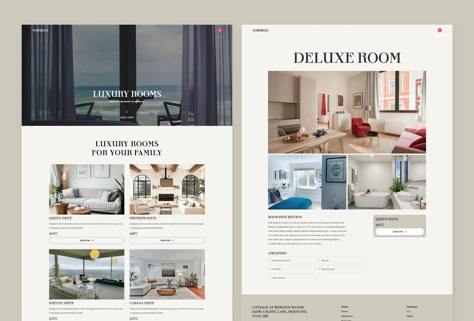 Suites hotel and BnB website template designed in Framer with modern booking layout