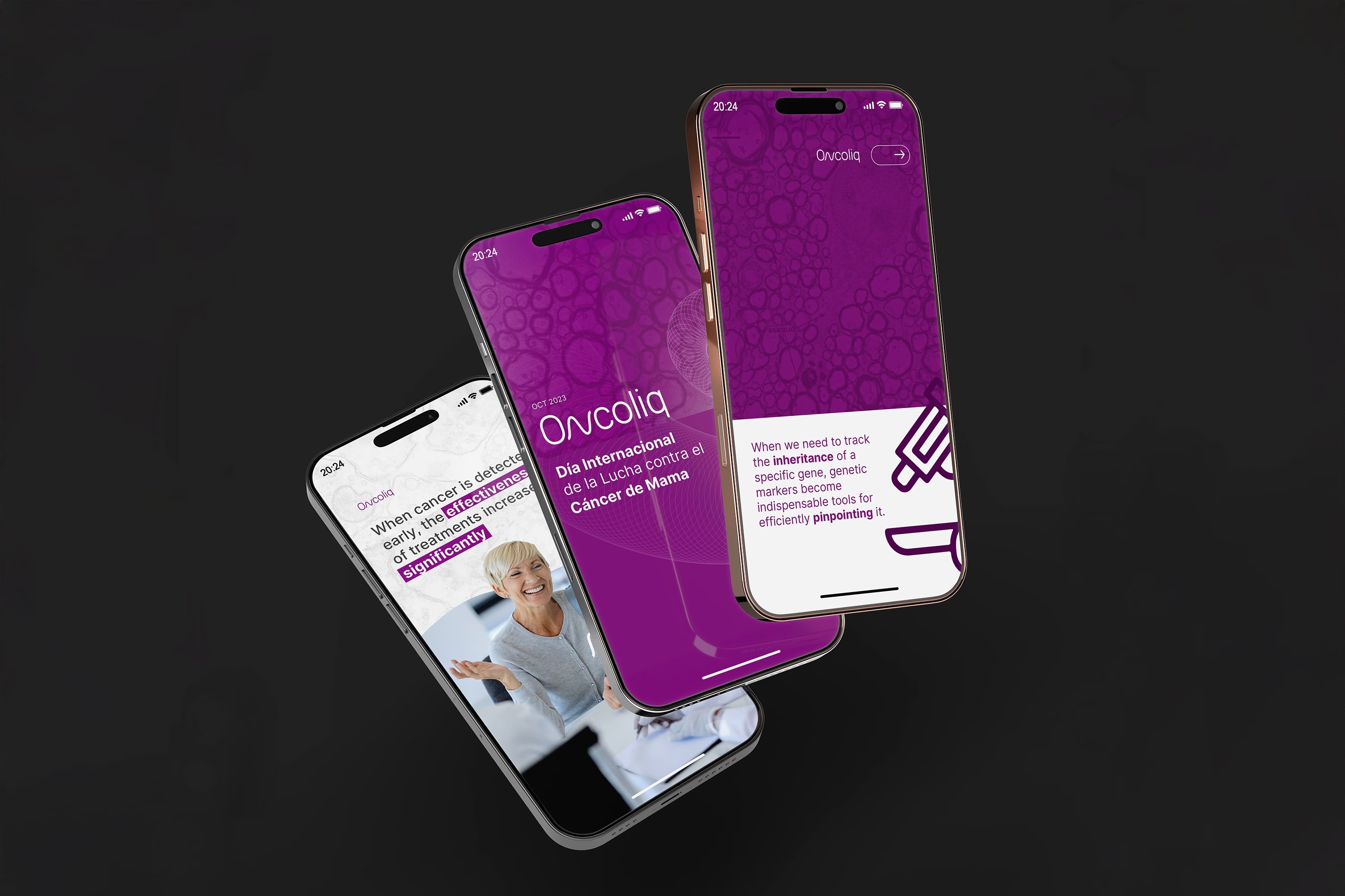 Three smartphones displaying Oncoliq app screens with messages about cancer detection, genetic markers, and Breast Cancer Awareness Day.