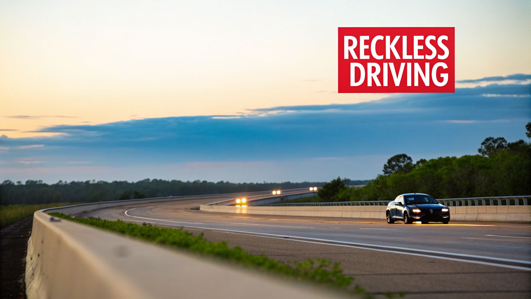 A dark car drives on a curving highway at dusk, with 'RECKLESS DRIVING' text overlay.