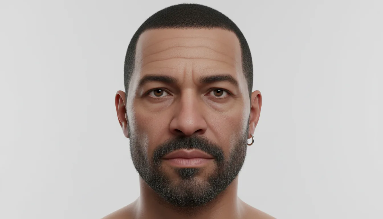Hyperrealistic 3D render of a digital human, a Maya character project, headshot of a middle-aged man with a short black buzz cut and a neatly trimmed stubble beard. Ultra-detailed skin texture with visible pores, fine wrinkles around the eyes, and realistic subsurface scattering. He wears a single small silver hoop earring. The scene is lit with soft global illumination against a clean, off-white studio backdrop, creating a photorealistic CGI portrait with a neutral expression.