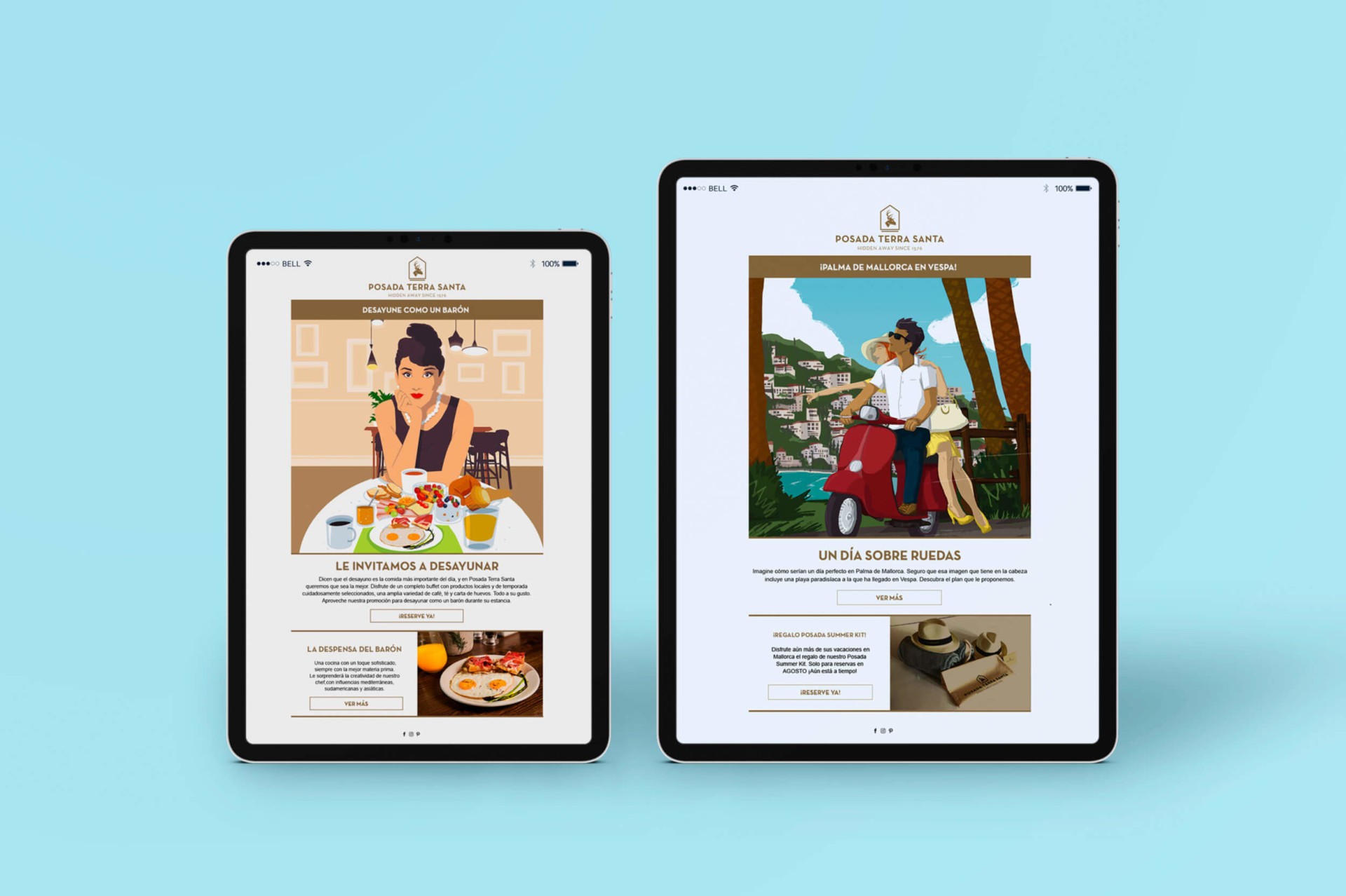 Tabletas con imágenes de promociones de Posada Terra Santa, desayuno y paseo en Vespa en Palma de Mallorca.