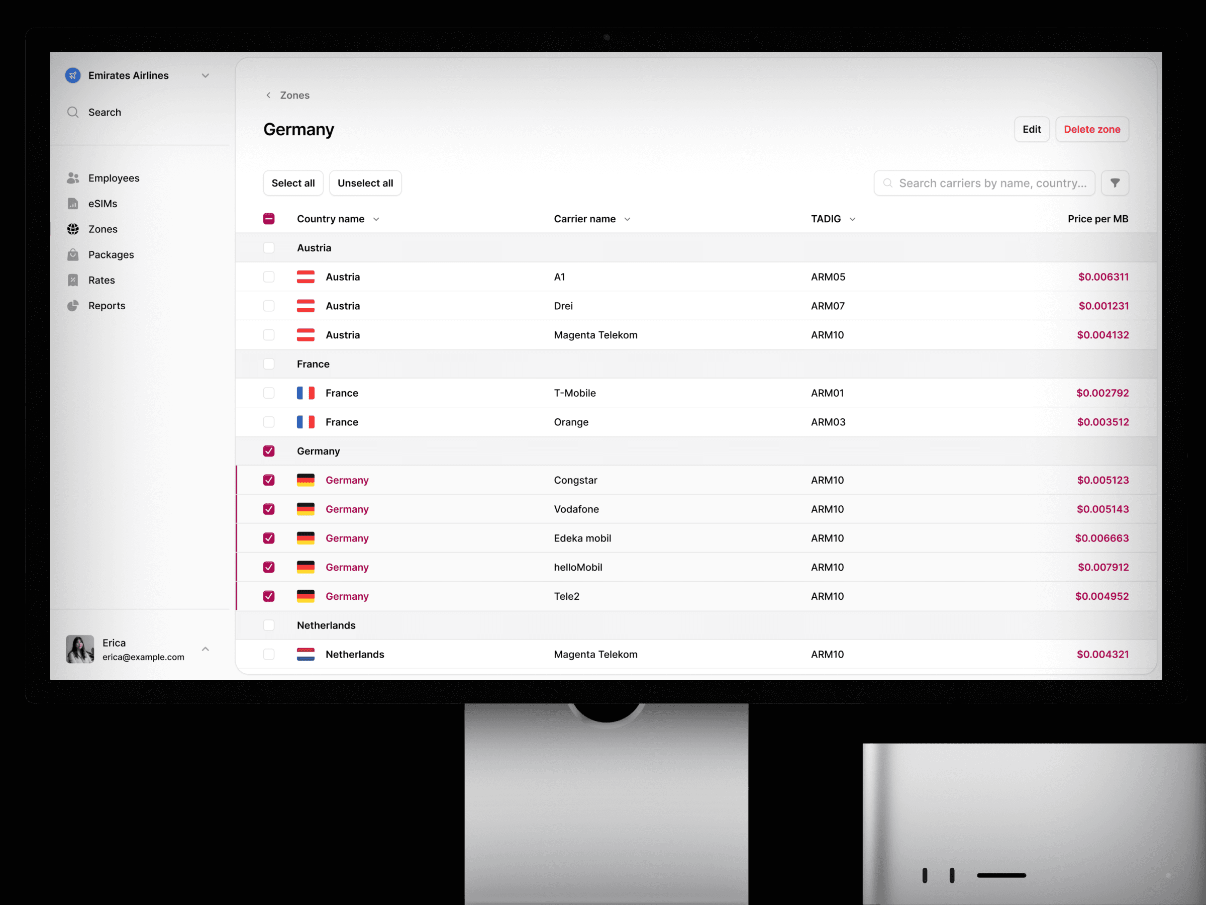На экране компьютера отображается интерфейс управления телекоммуникациями. В нем представлен список операторов по странам со столбцами, содержащими названия, метки и цены за МБ, с акцентом на Германию. В левой части находится меню навигации с такими пунктами, как «Сотрудники» и «eSIM».