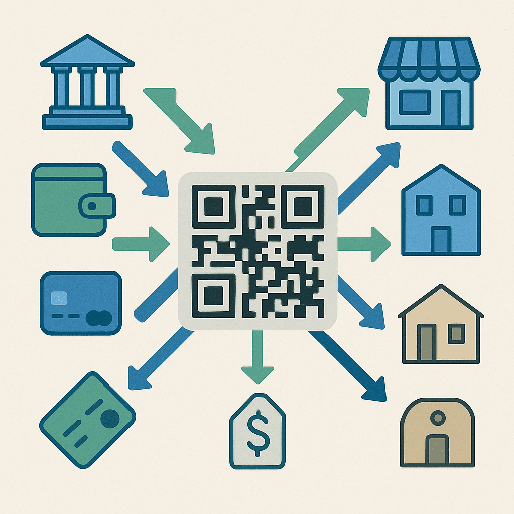 Interoperability flow between QR Ph hub, banks and merchants illustrating competition lowering gateway fees.