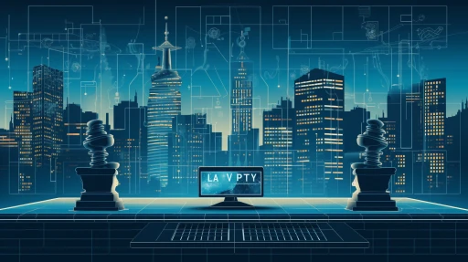 An abstract cityscape at night with chess pieces and a computer monitor displaying "LA V P TY", signifying strategic legal decisions in the digital age.