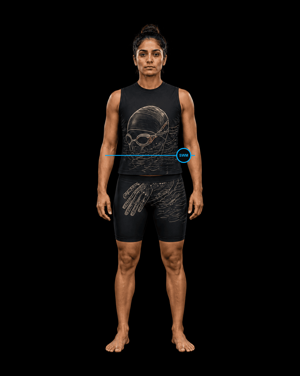 Front view of a female open-water swimmer wearing a separate black sleeveless top and shorts in the Valkyrie Formation swim kit concept with engraved goggles and stroke study.