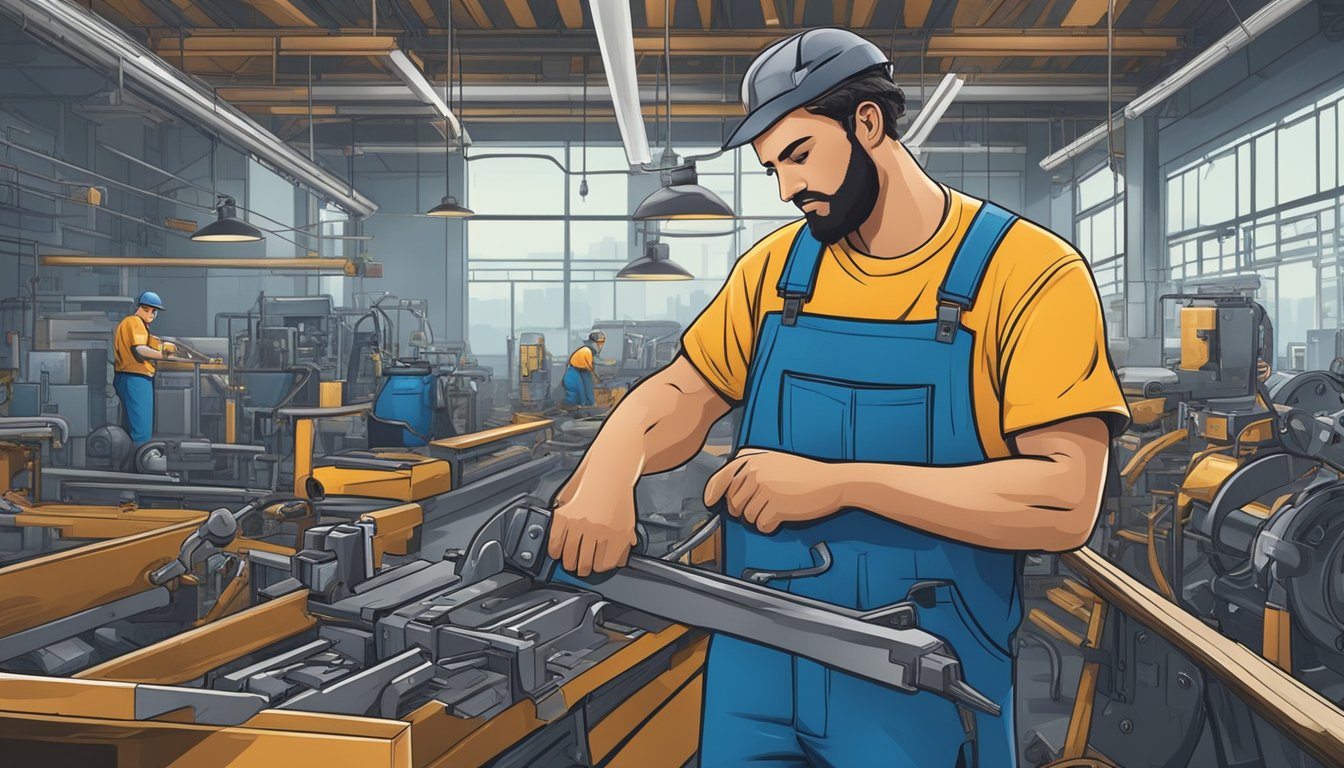 Ein Einzelporträt eines erfahrenen Blue-Collar-Arbeiters, der sein Fachwissen und seine Fähigkeiten demonstriert. Diese Darstellung betont die Wichtigkeit von Erfahrung und lebenslangem Lernen in handwerklichen Karrieren.