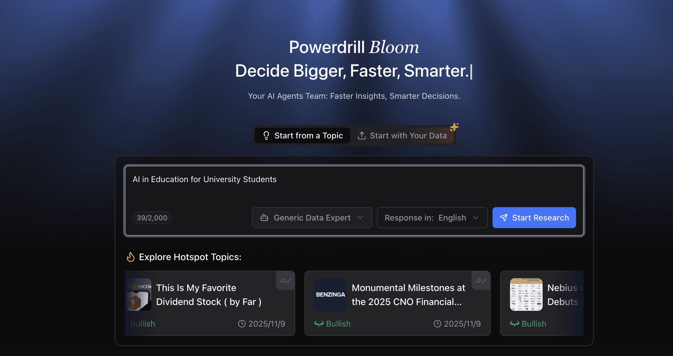 Interface to enter topic