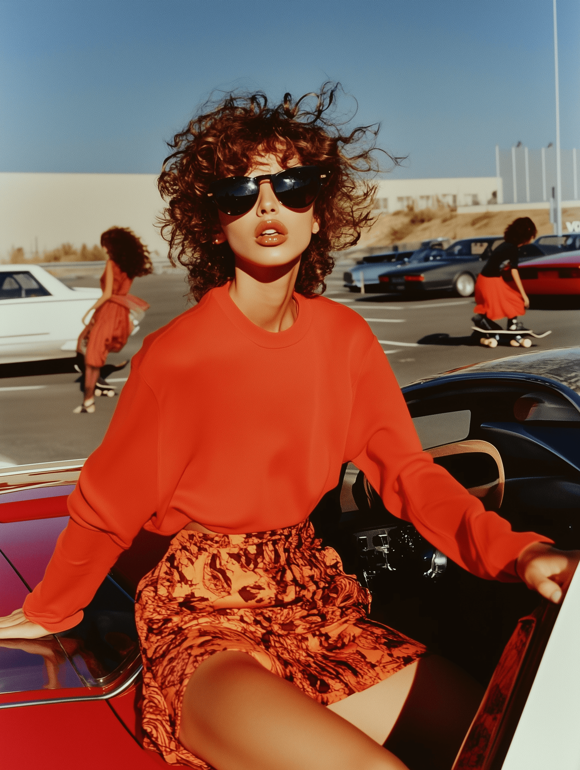 A model wearing a red long-sleeved shirt and black sunglasses, Vogue editorial photo shoot, curly hair and sunglasses sits inside one of them, surrounded by other models riding skateboards. This photo was taken for Vogue magazine from a distance, with their hair curled up and wearing fashionable short skirts. The background features several sports cars parked in parking lots that have been painted white in the style of James Bidgood for Amano Inoue.