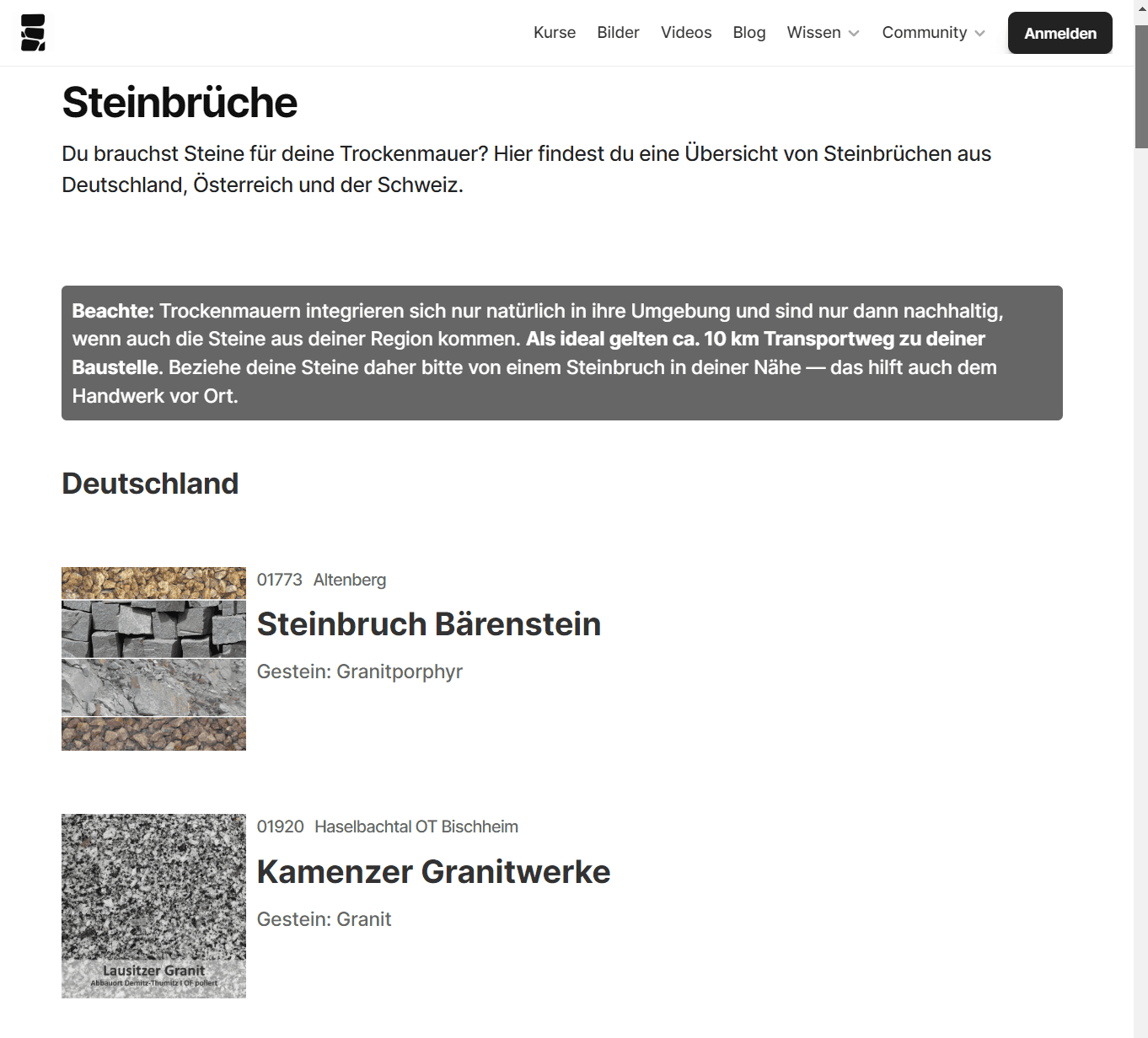 Screenshot Trockenmauerkurs Steinbruch Datenbank aus Trockenmauerkurs.de 