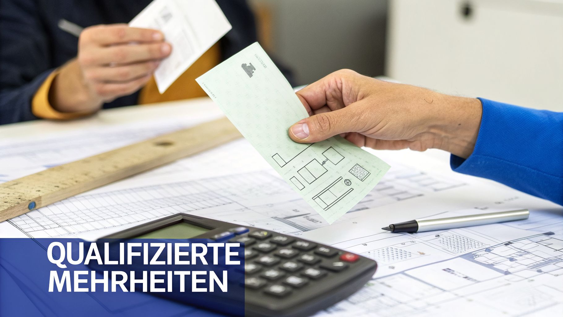 Zwei Personen diskutieren Baupläne und technische Dokumente an einem Tisch mit Rechner und Stift.