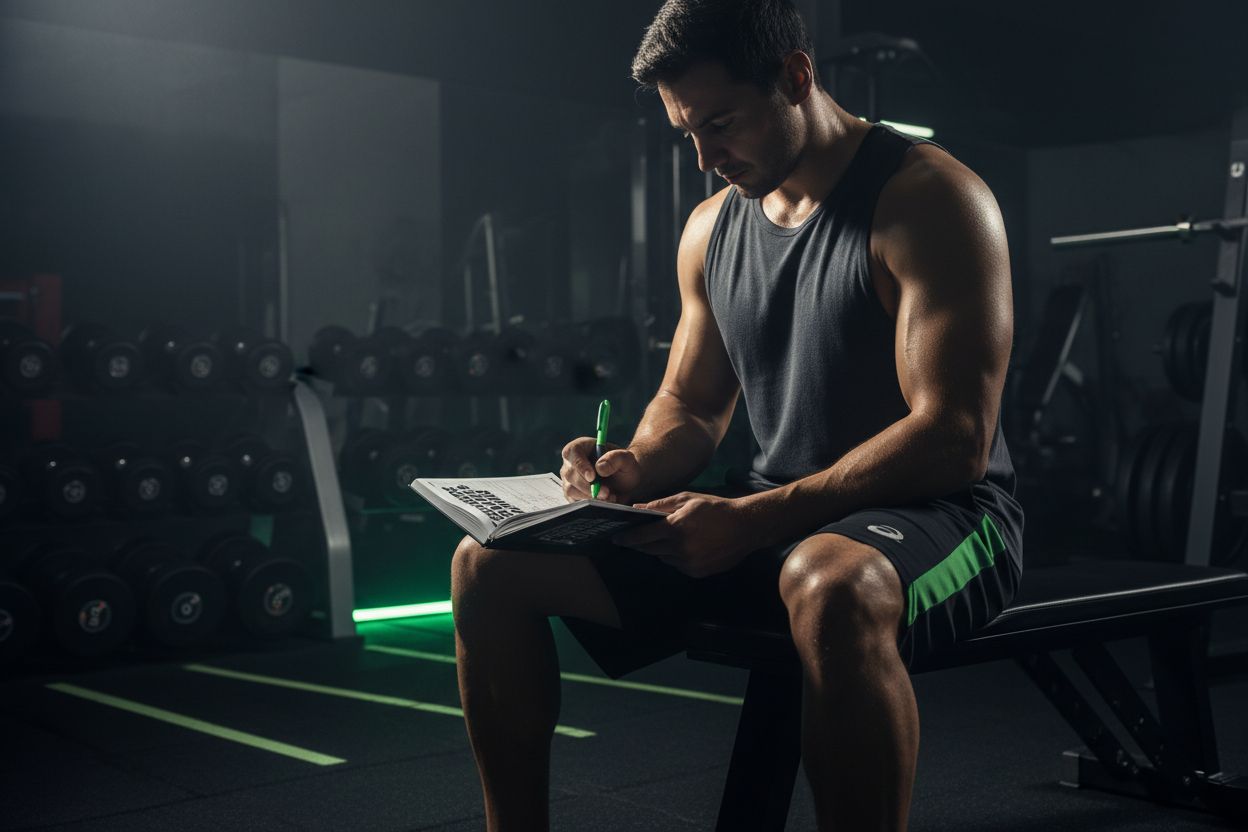 Person writing in a workout journal at the gym