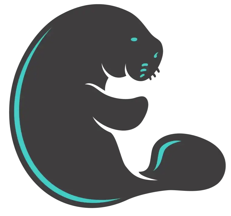 The logo for Manatee Digital Marketing features a stylized silhouette of a manatee on the left, with elegant cursive text spelling "Manatee Digital Marketing" on the right, set against a white background, representing a business  located in Bradenton, FL.