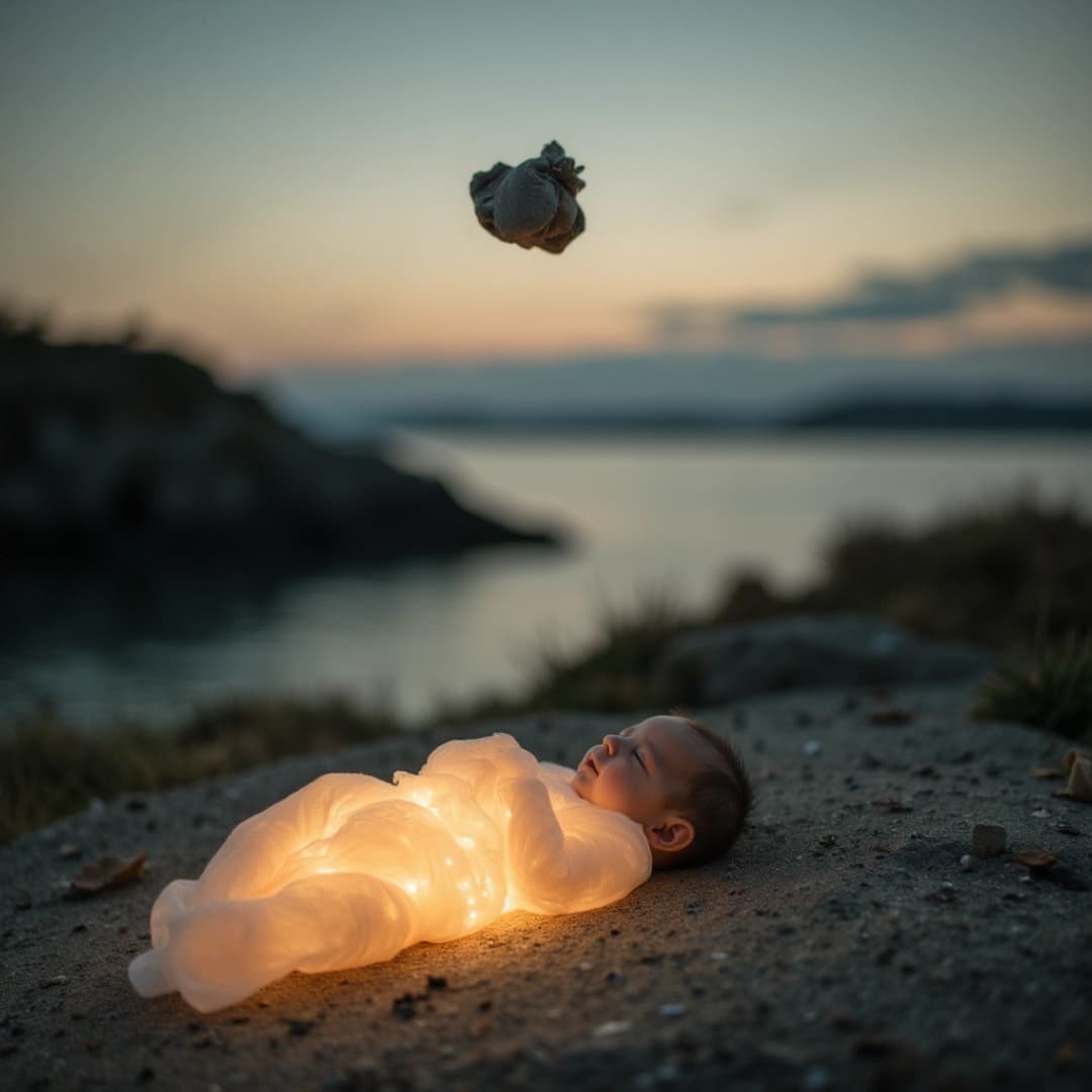 ein baby liegt am strand, es trägt ein gewand das leuchtet, über dem baby schläft ein kleines objekt