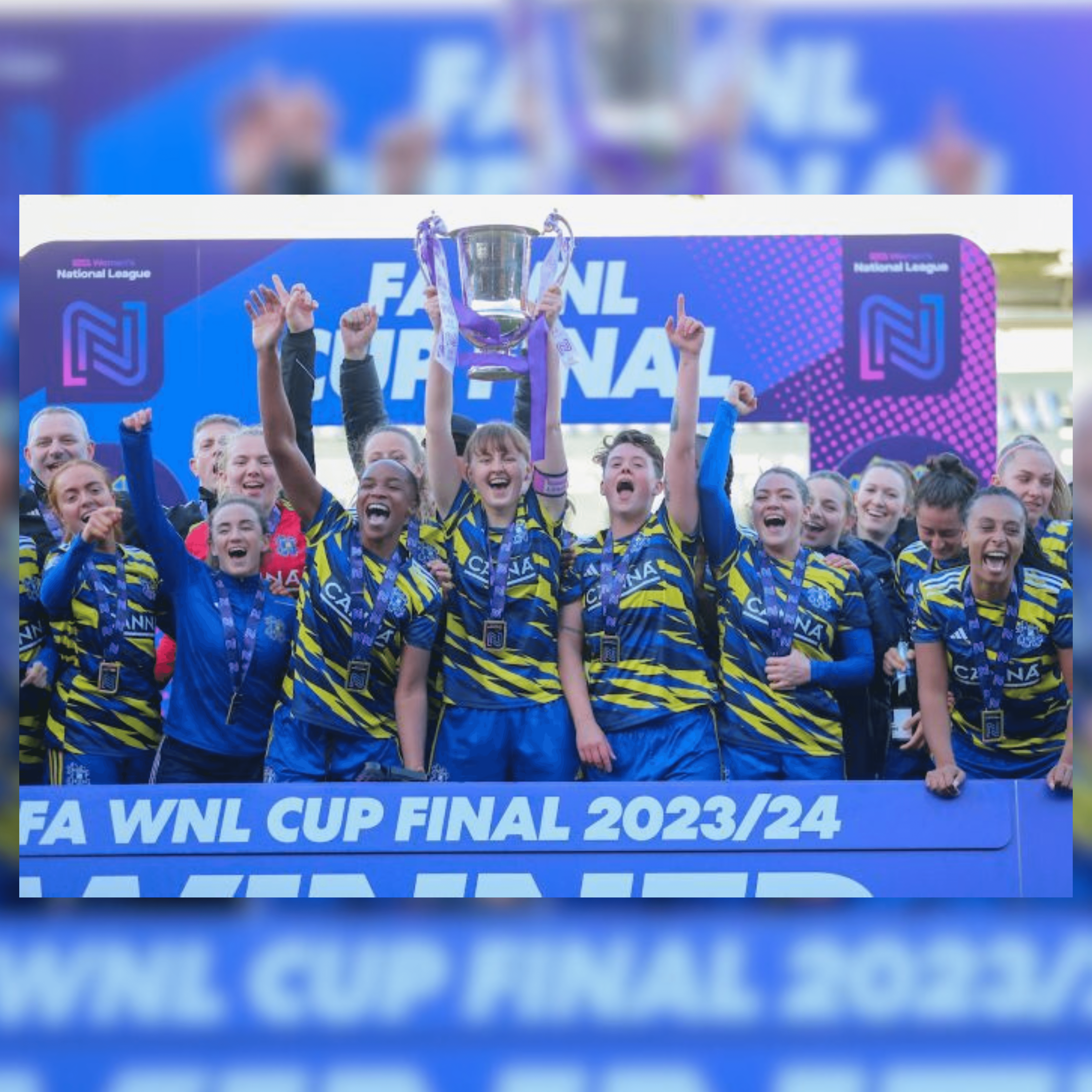 A snapshot of the Hashtag United Women's team winnin gthe FA WNL CUp Final 2023/24
