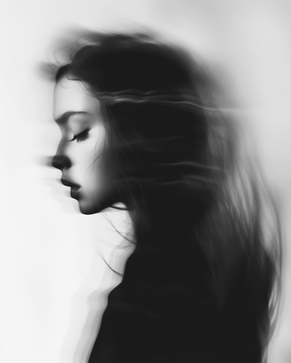 A blurred profile of a person, captured in black and white, conveying a sense of introspection and emotion.