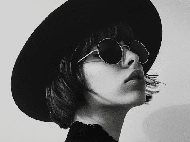 Monochrome side profile portrait of a woman with a bob haircut wearing round sunglasses and a wide-brimmed hat