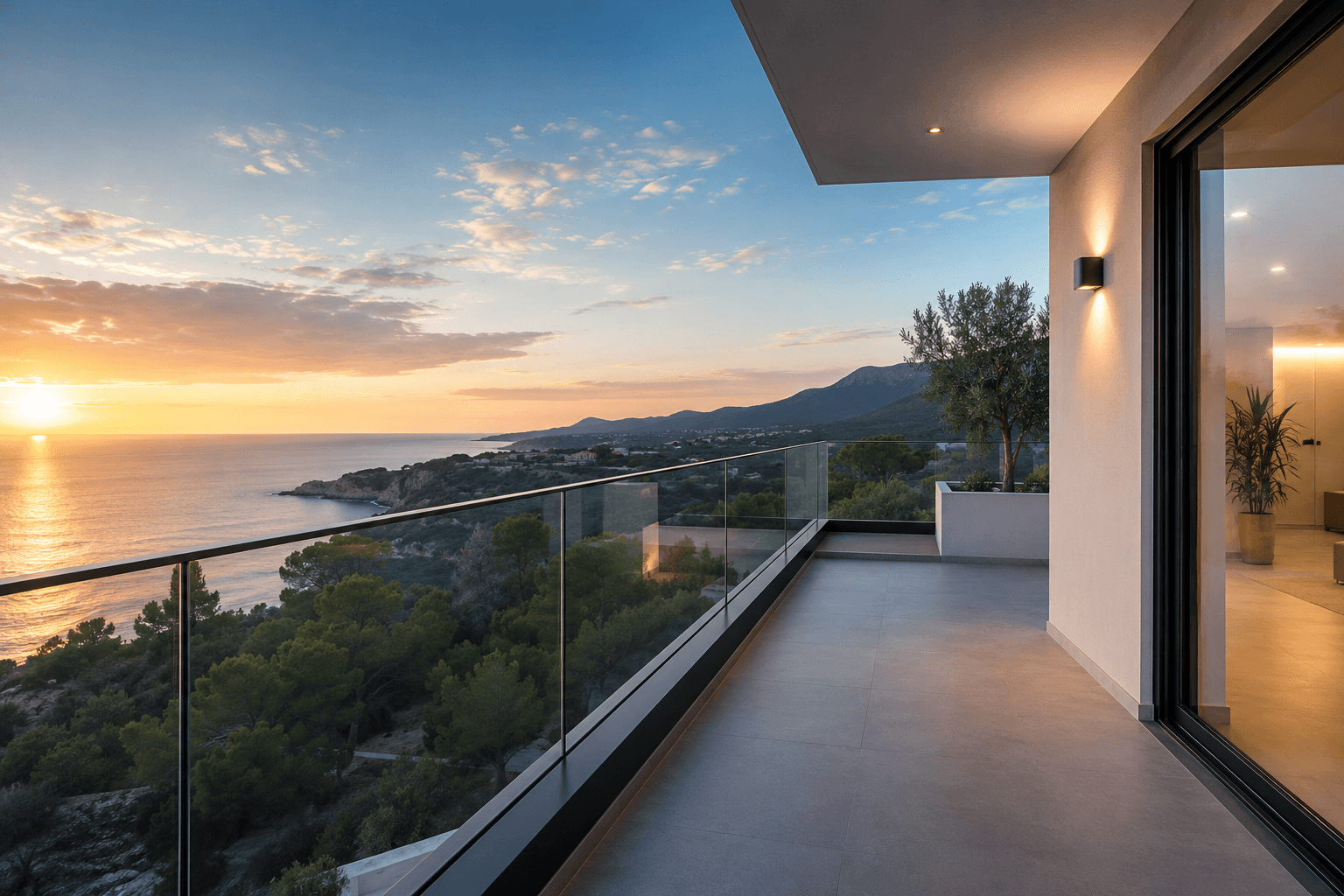 Balaustra moderna in alluminio e vetro con vista panoramica in una casa contemporanea in Sardegna