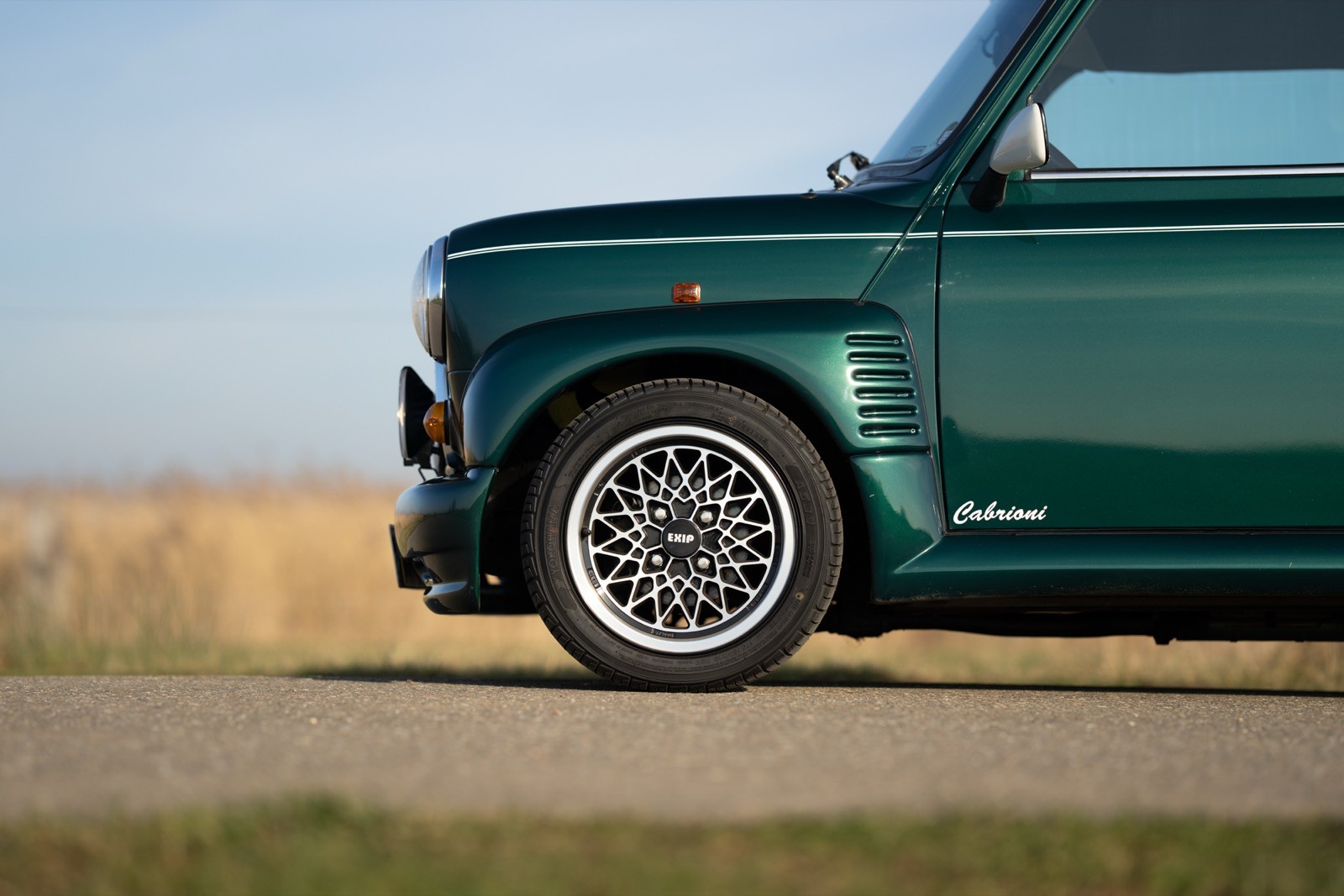 A close-up of the side of a vintage green car parked on a road, with a grassy field in the background.