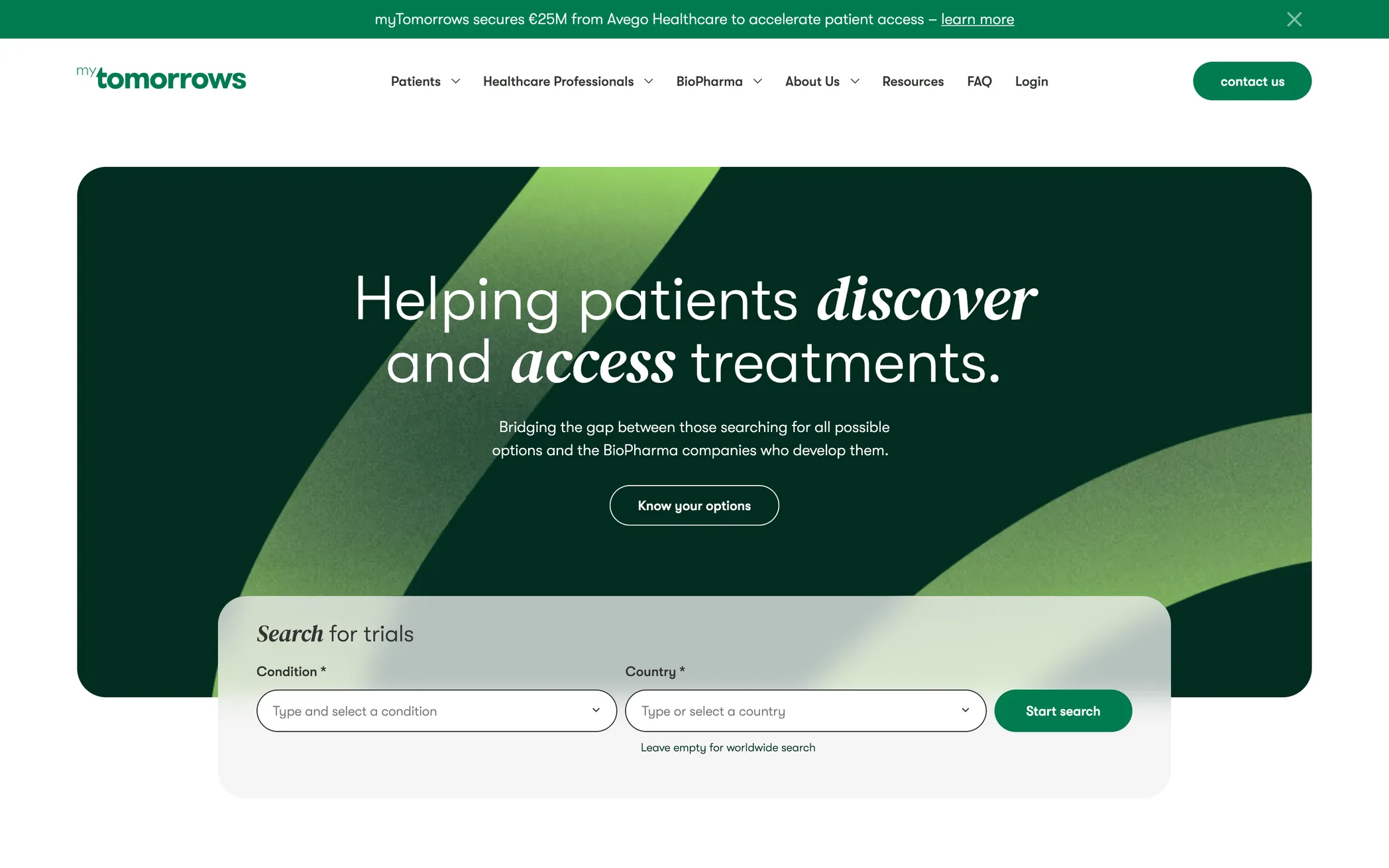 MyTomorrows homepage on desktop