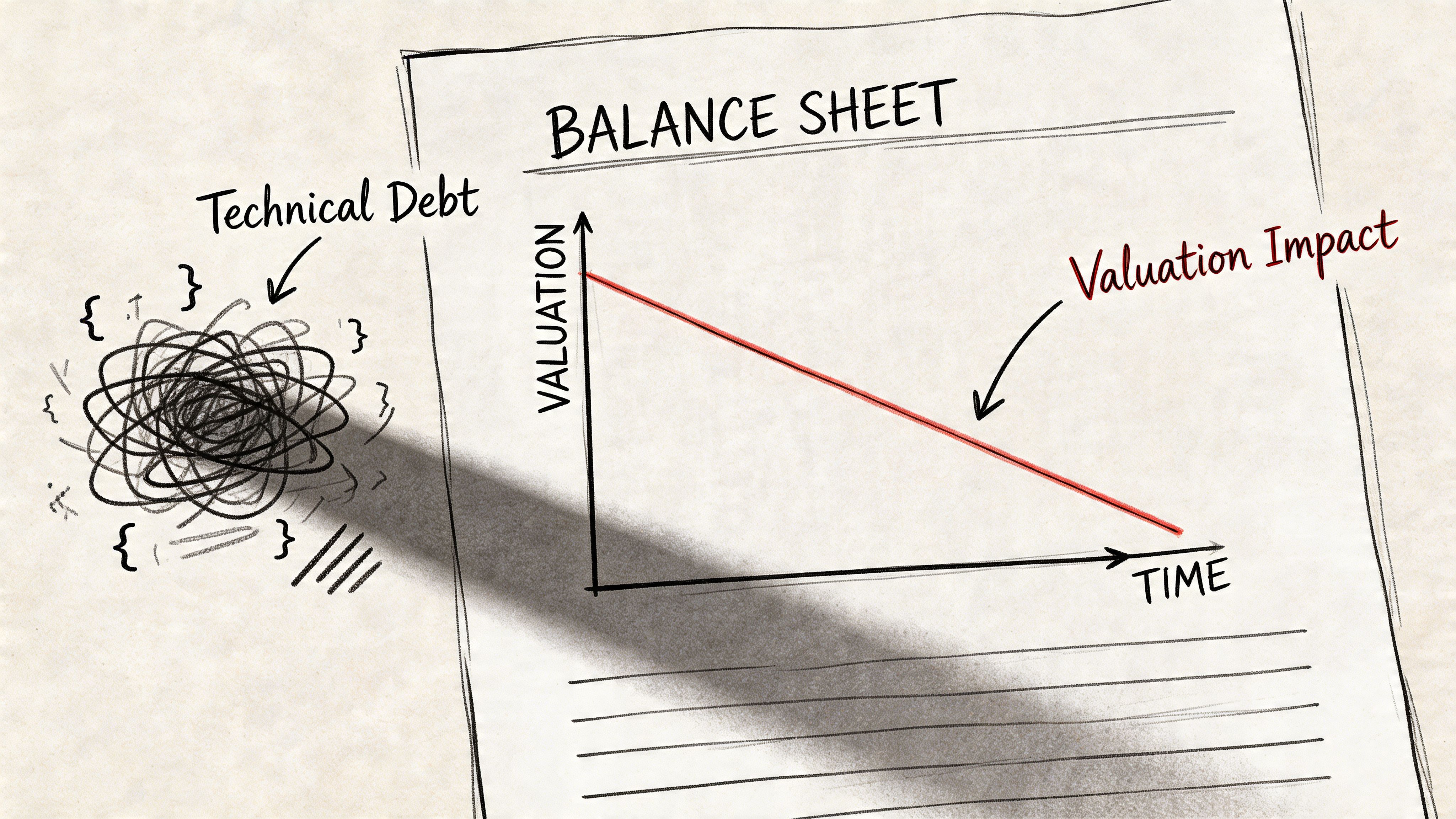 A conceptual diagram showing a messy scribble of code symbols illustrating technical debt impacting company valuation over time.