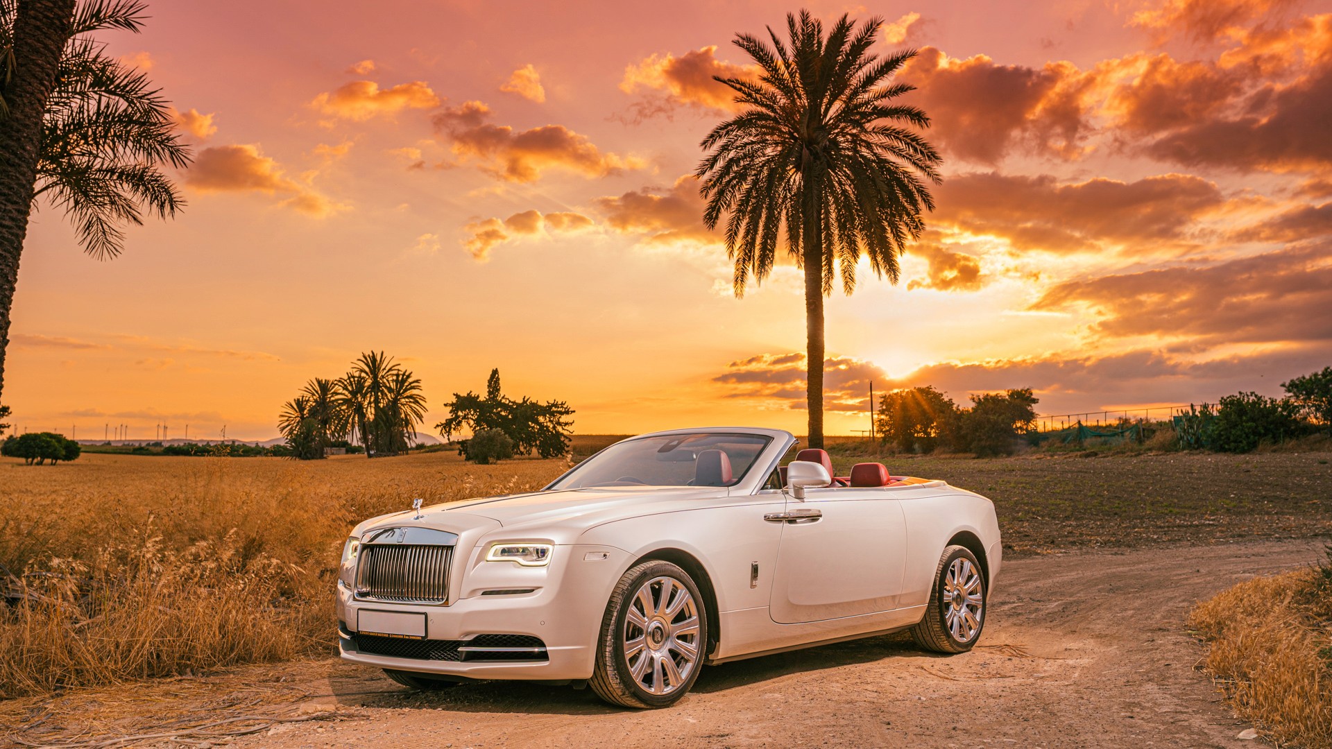 White Rolls-Royce Dawn convertible with the roof down and red leather interior, front three-quarter view on a dirt track at sunset, a tall palm tree and golden sky behind, parked beside a dry field.