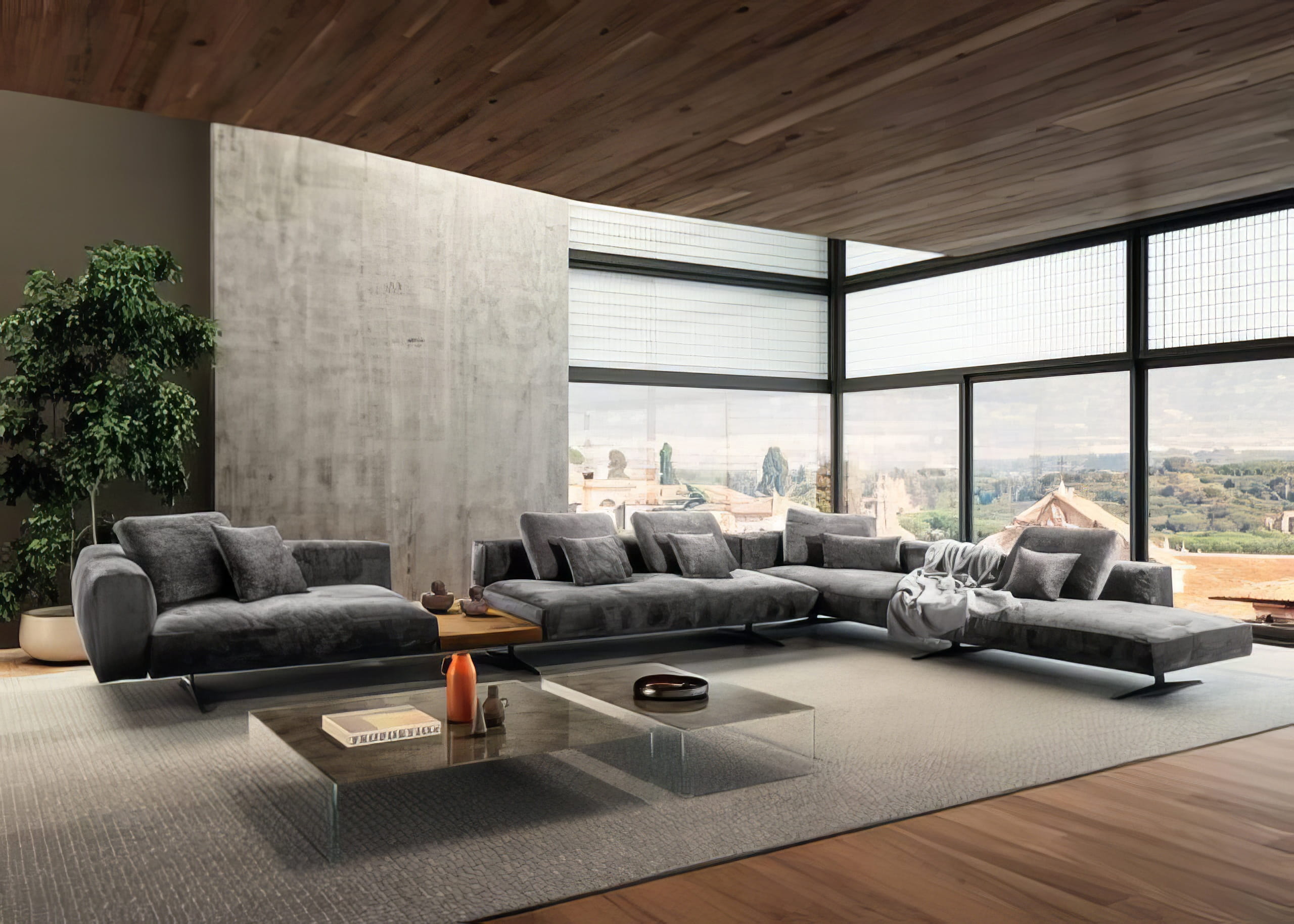 MW Interior Wohneinrichtung – stilvolles Wohnzimmer mit Holzboden, modernem Sofa und bodentiefen Fenstern