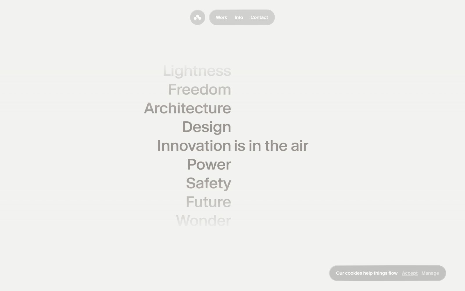 Text "Lightness, Freedom, Architecture, Design, Innovation is in the air, Power, Safety, Future, Wonder" in gray on a white background.