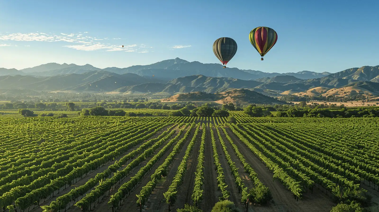 Hot air balloons floating over Temecula Valley vineyards with mountain range in the background